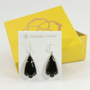 Kendra Scott Camelia Black Faceted Glass Rhodium Plated Drop Earrings NEW NIB